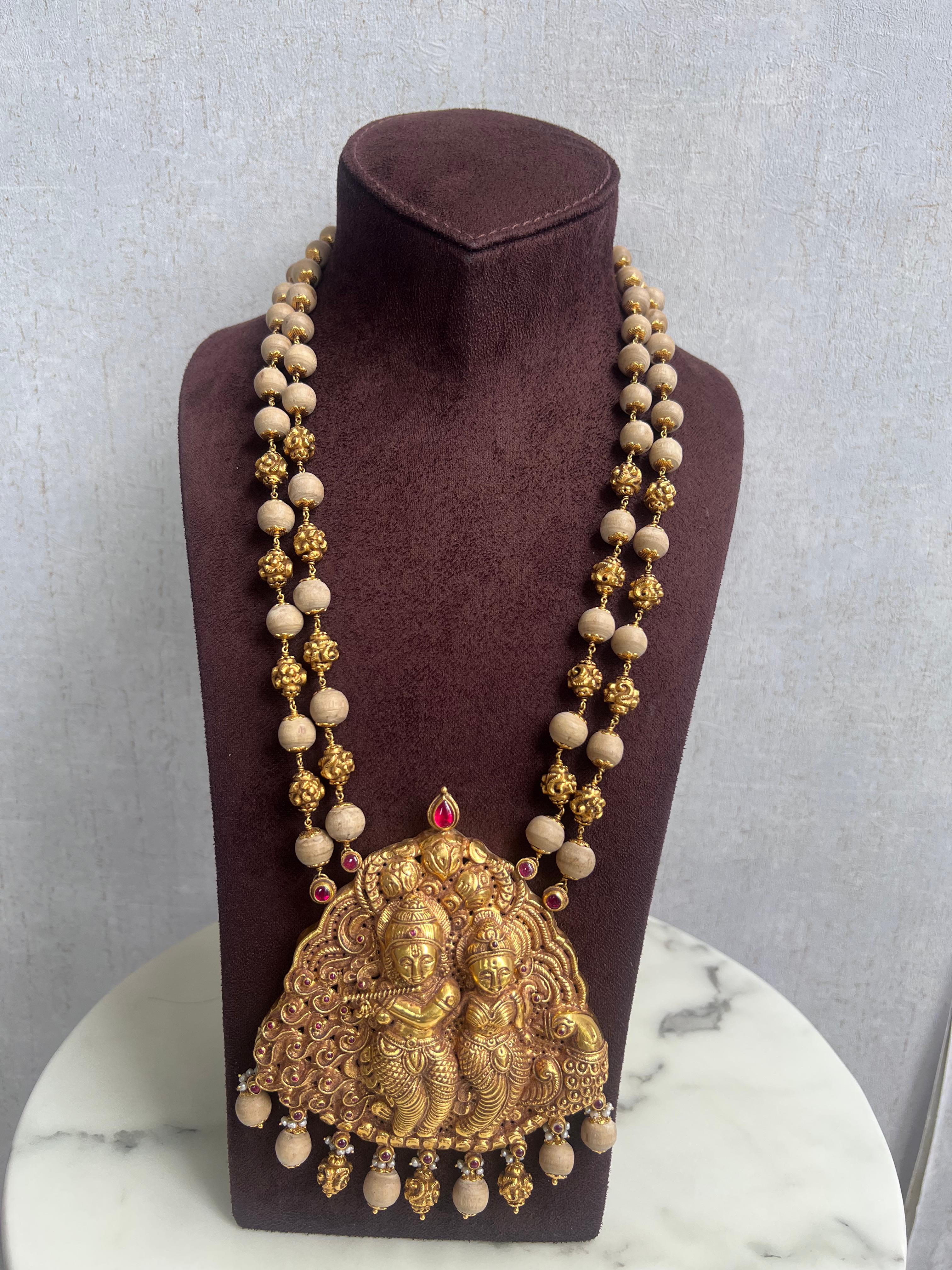 Unisex Radha Krishna gold Pendant with Tulsi Beads Unisex Radha Krishna gold Pendant with Tulsi Beads