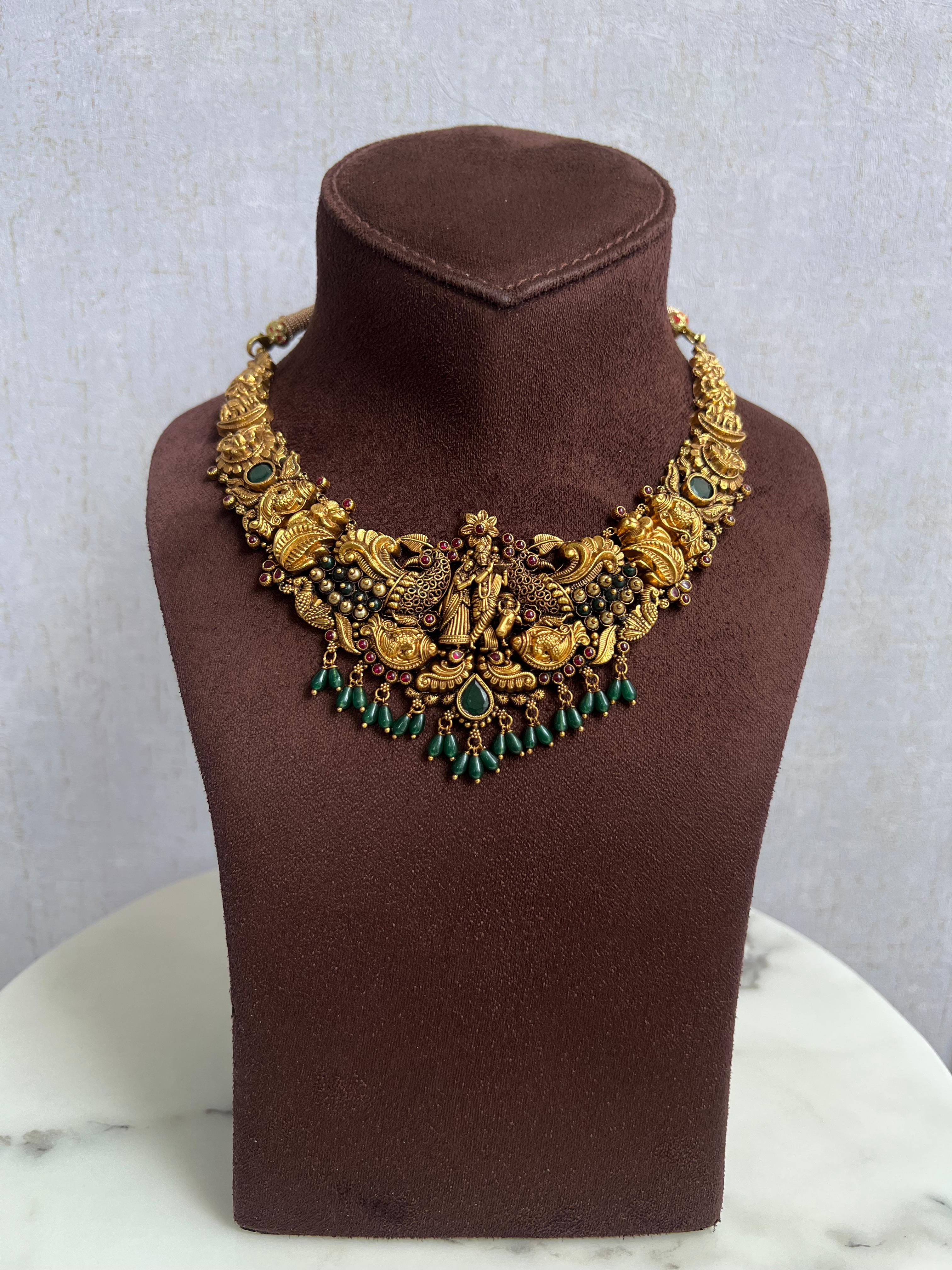 Antique Radha Krishna Necklace with Emerald Beads Antique Radha Krishna Necklace with Emerald Beads