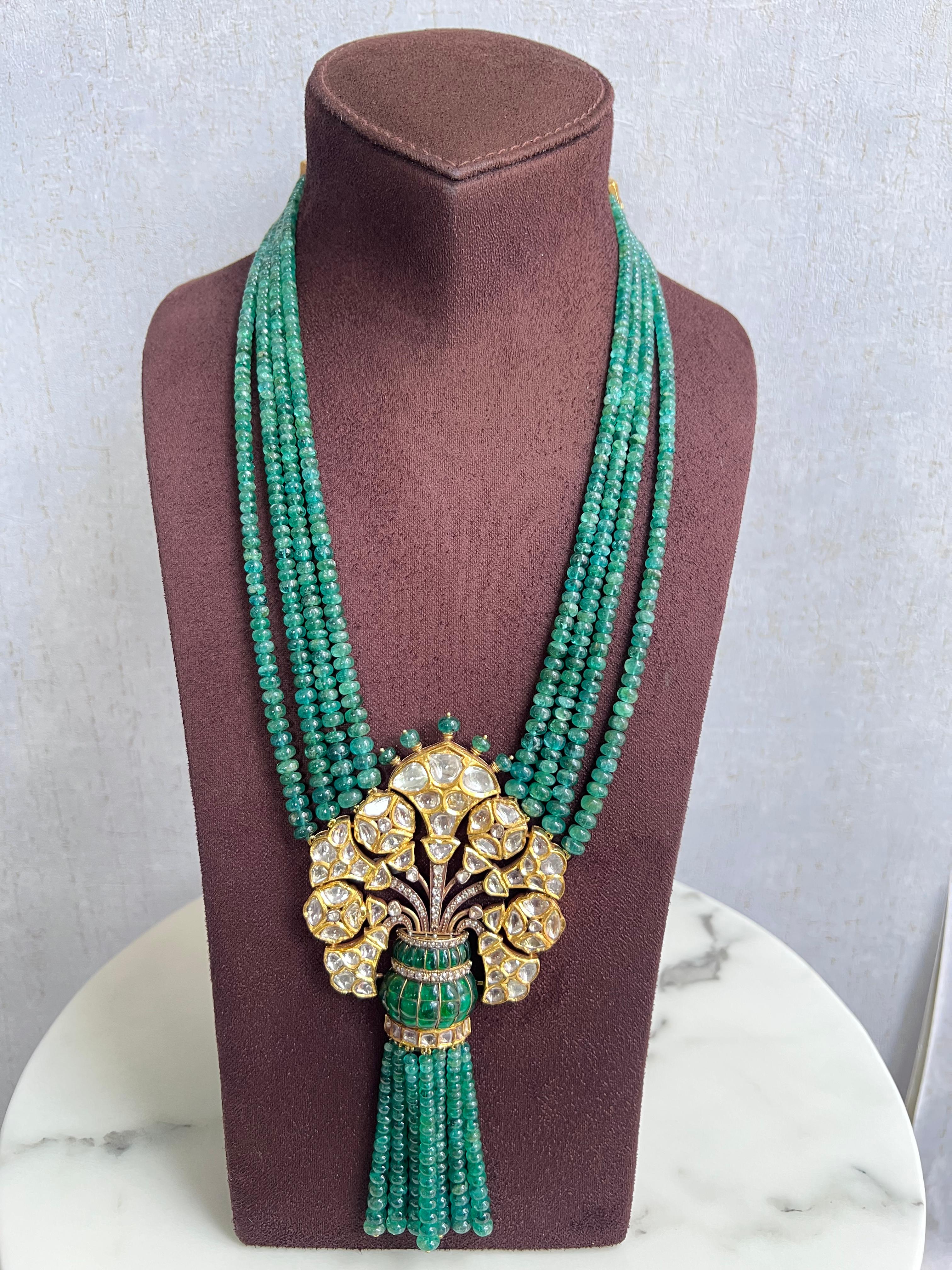 Statement Emerald Beads Necklace with Polki Pendant