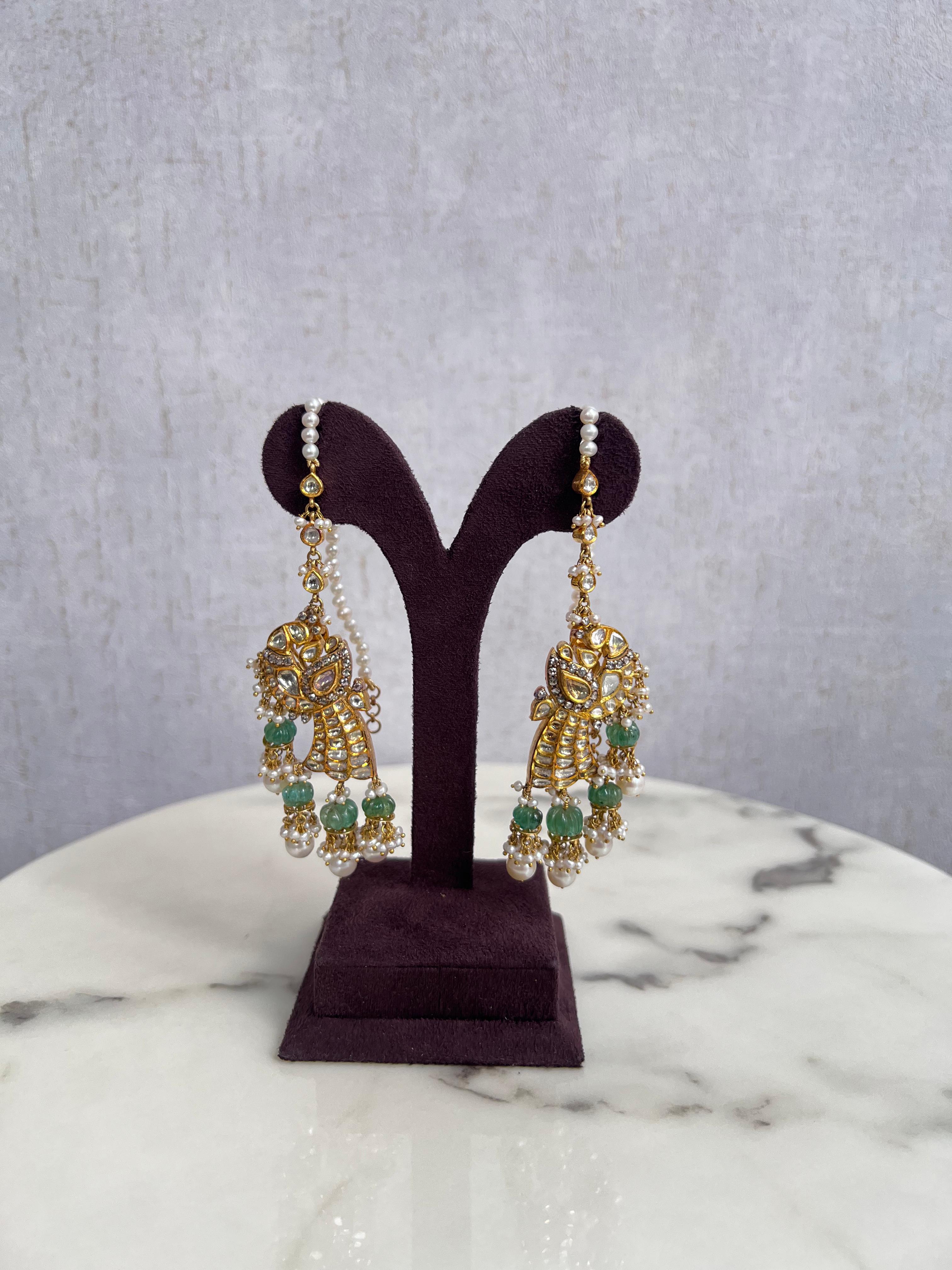 Kundan Hangings with Pumpkin Russian Emerald and Mati