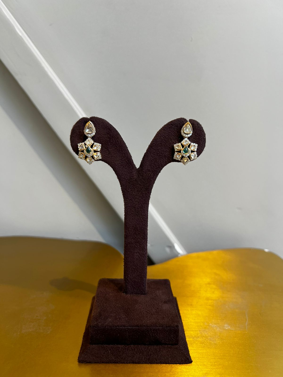 Sparkling Polki Earrings with Emerald and Tourmaline Beads Sparkling Polki Earrings with Emerald and Tourmaline Beads