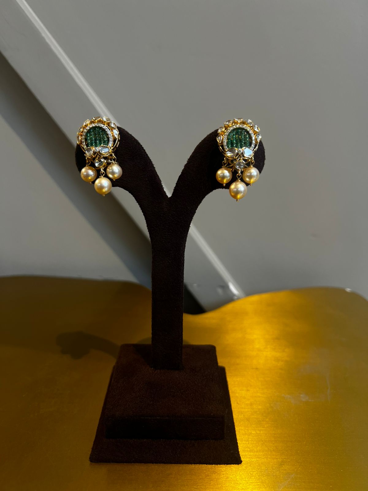 Handcrafted Polki Earrings with Emerald and South Sea Pearls Handcrafted Polki Earrings with Emerald and South Sea Pearls