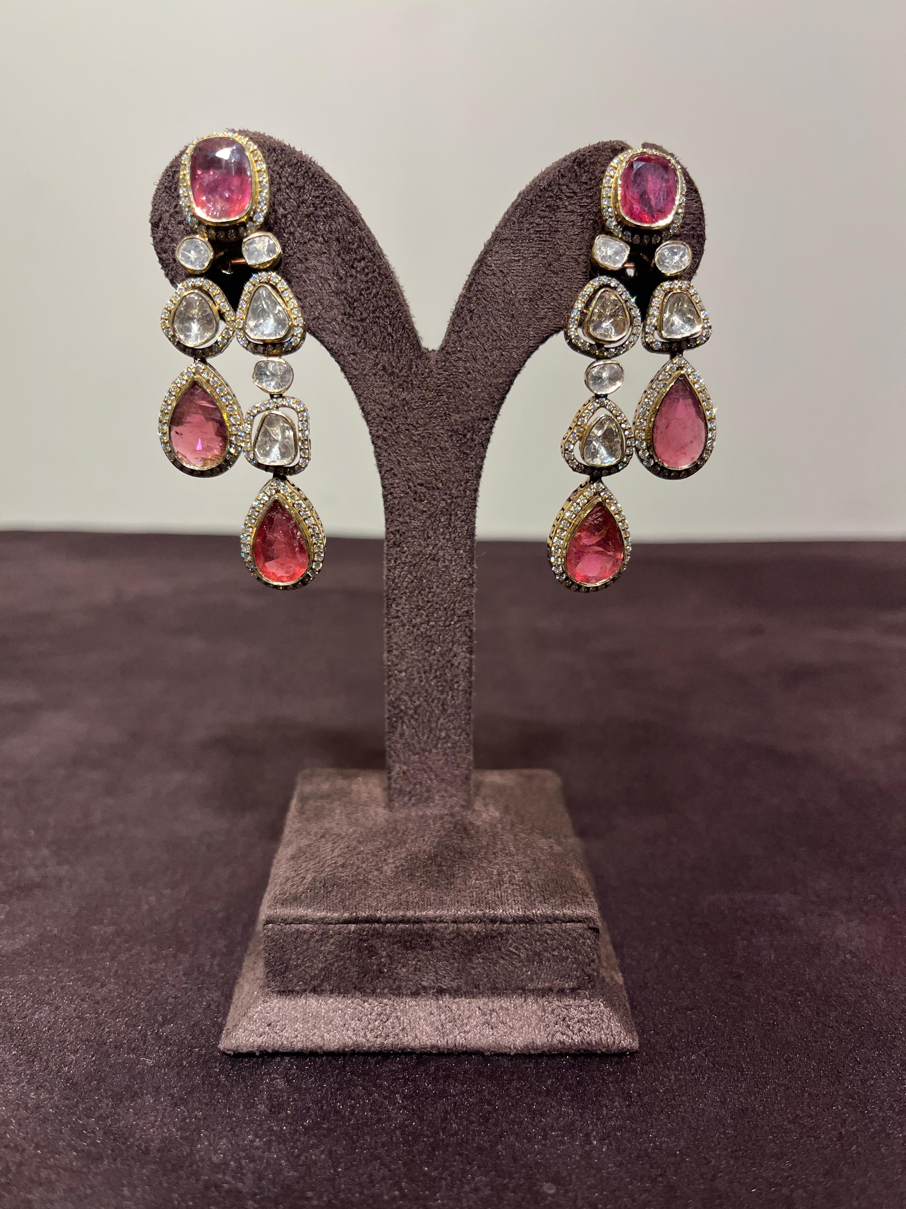 Fancy Polki Earrings with Tourmalines