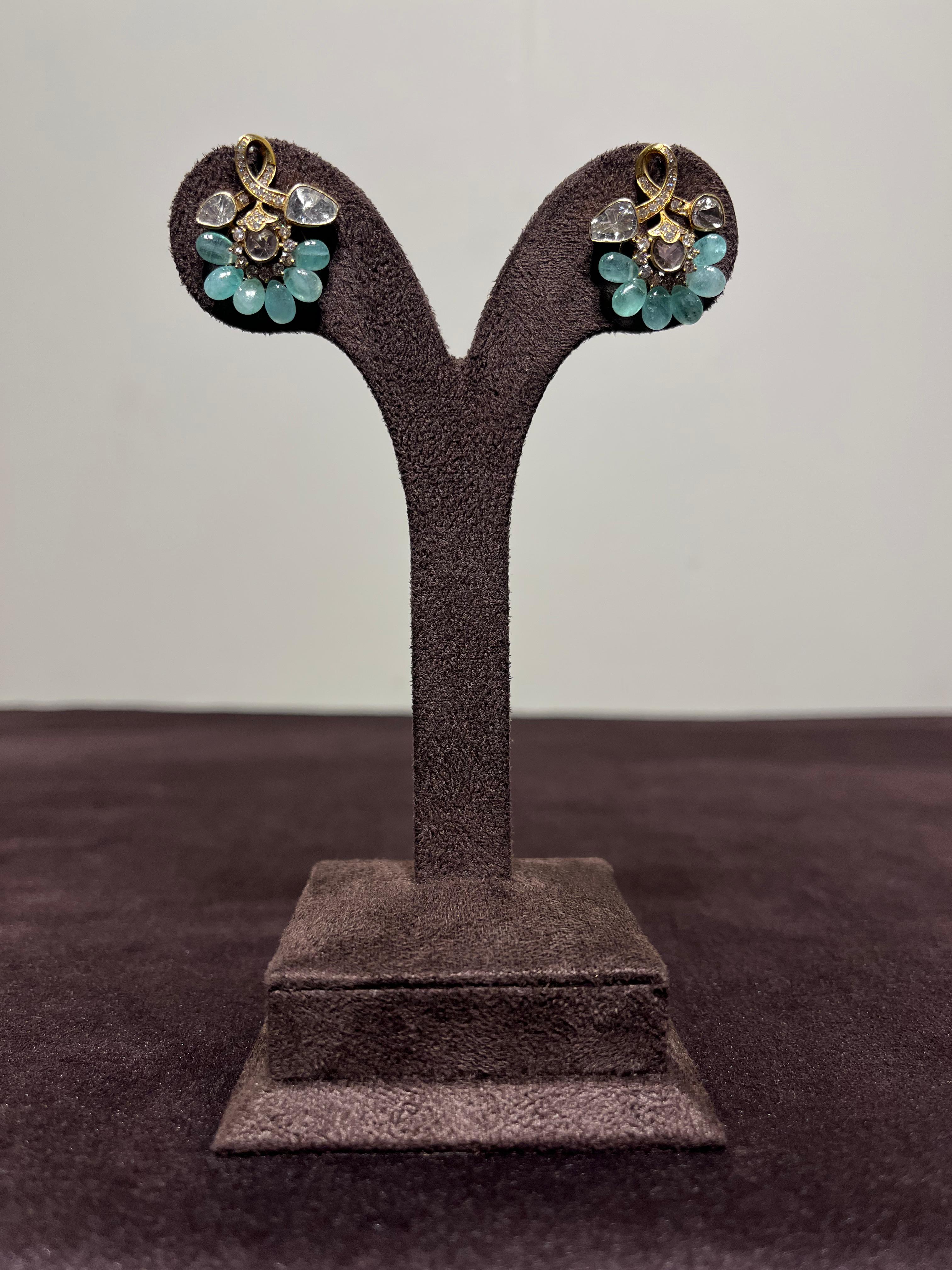 Pretty Floral Earrings with Emerald Beads