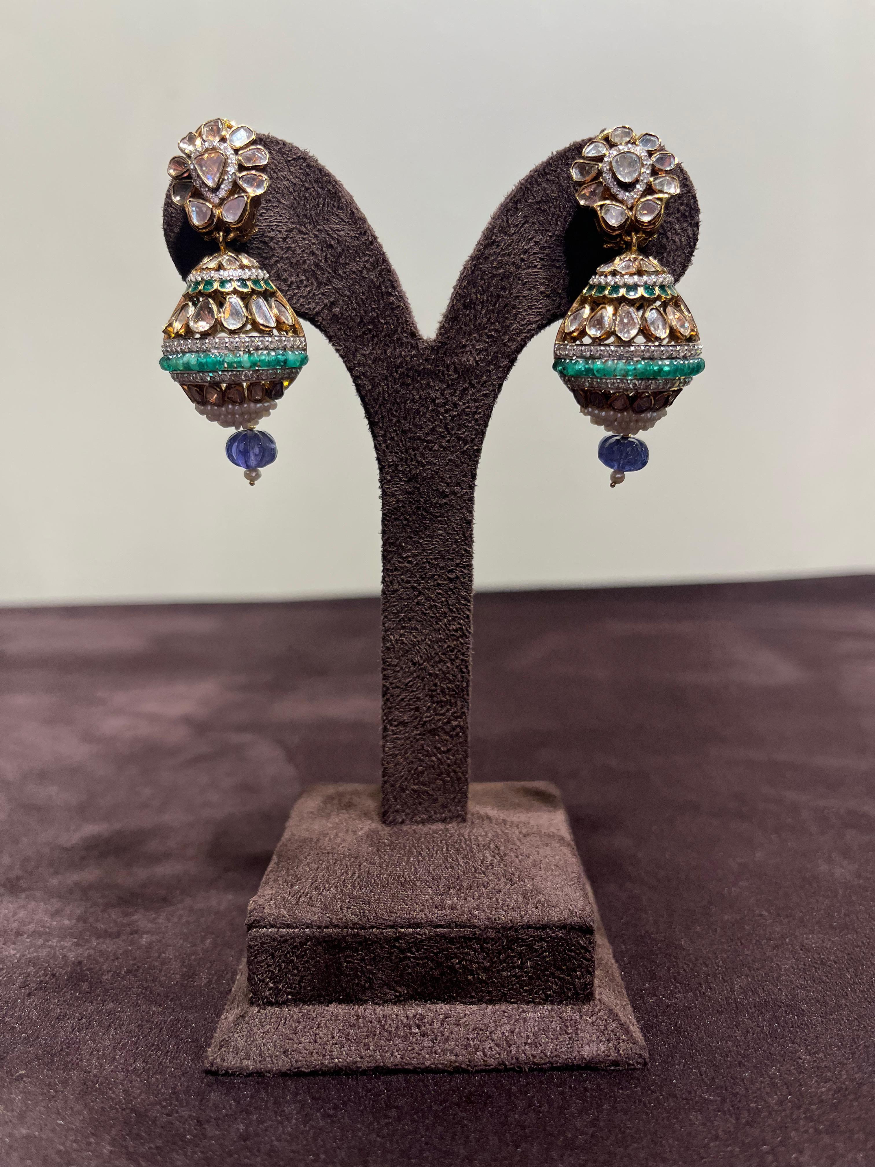Modern Polki Jumkies with Tanzanite Beads Modern Polki Jumkies with Tanzanite Beads