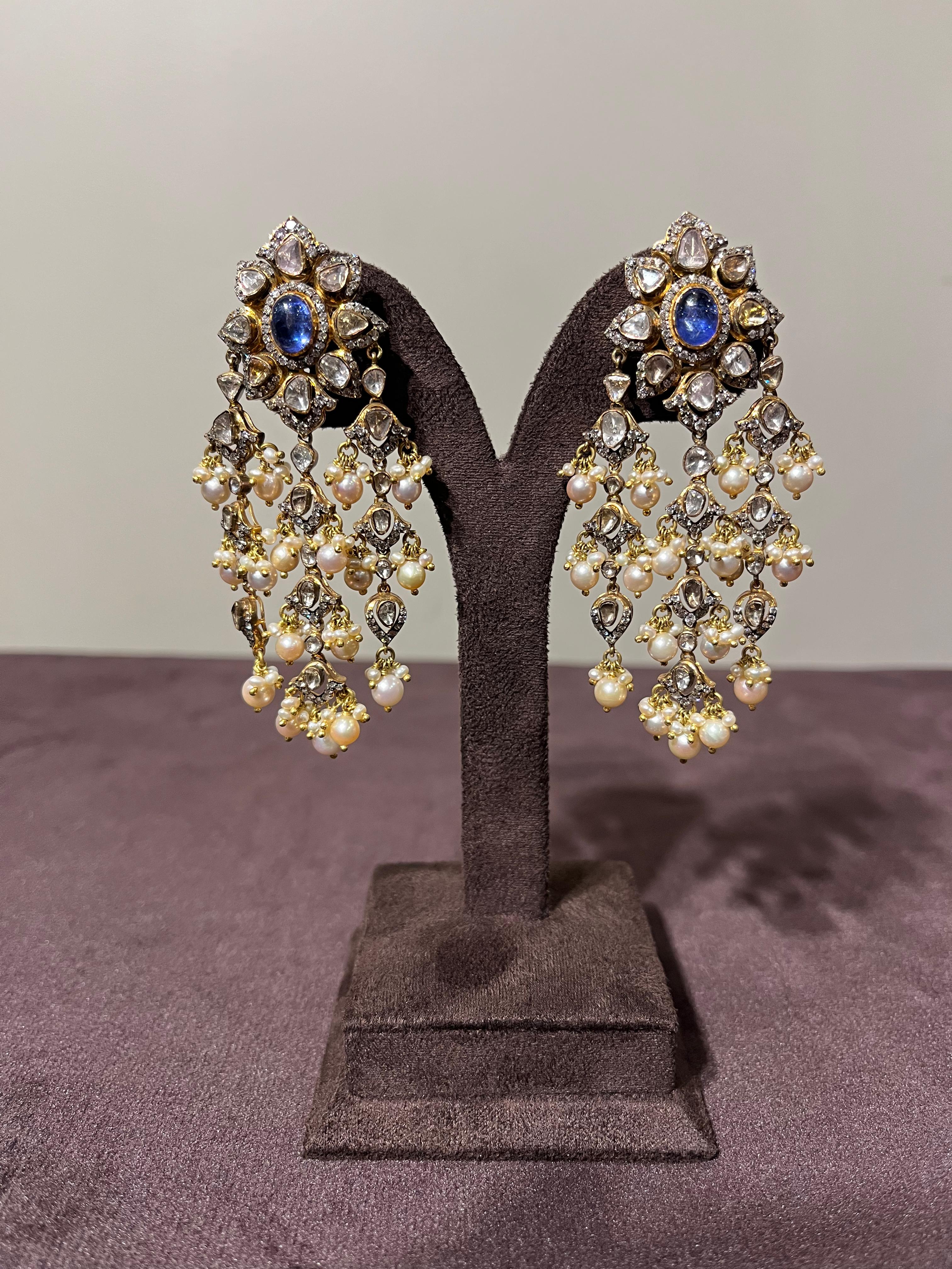 Chic Polki Earrings with Tanzanite and Pearls Chic Polki Earrings with Tanzanite and Pearls
