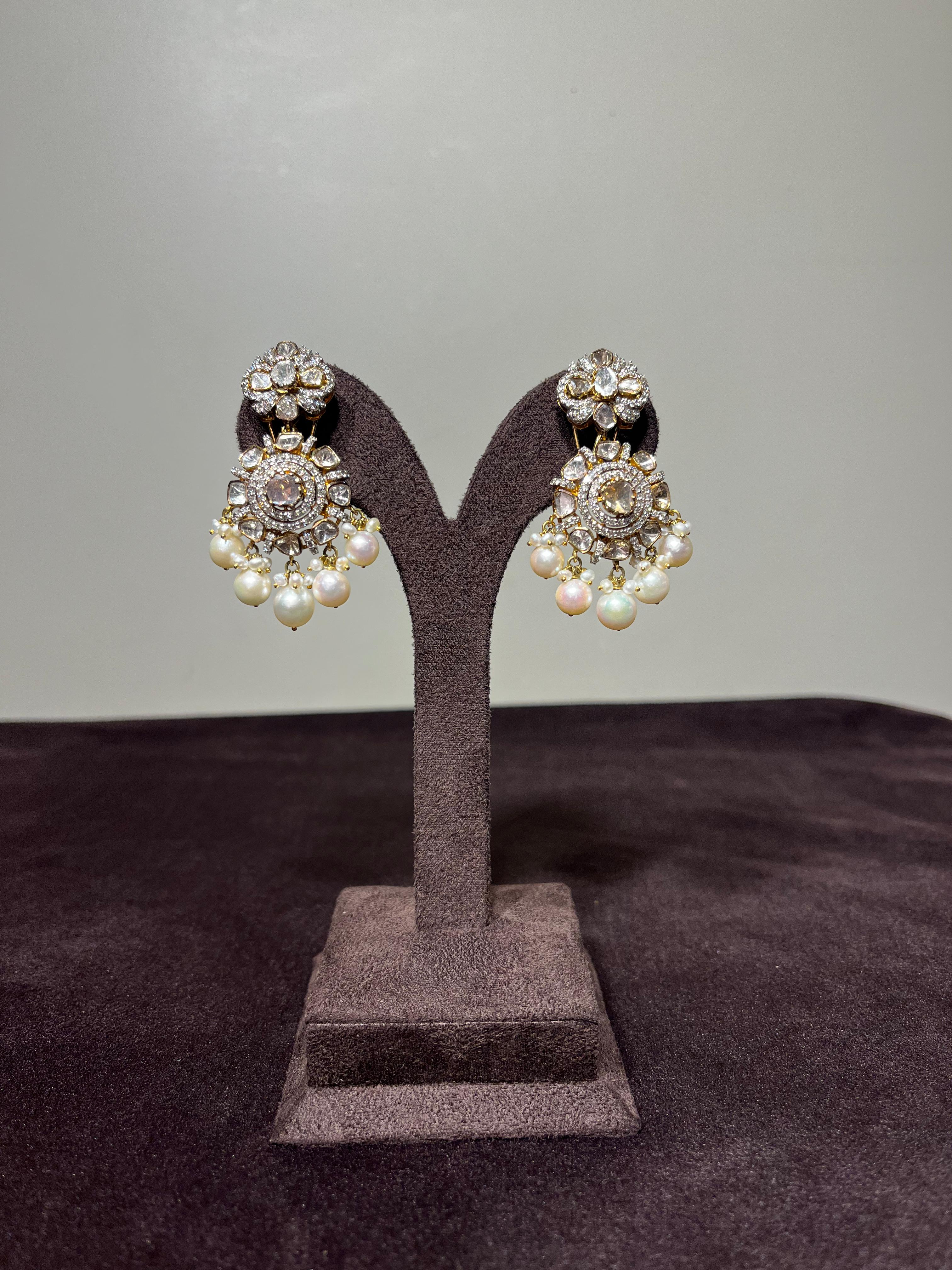 Classic Floral Polki Hangings with Pearl drop Classic Floral Polki Hangings with Pearl drop