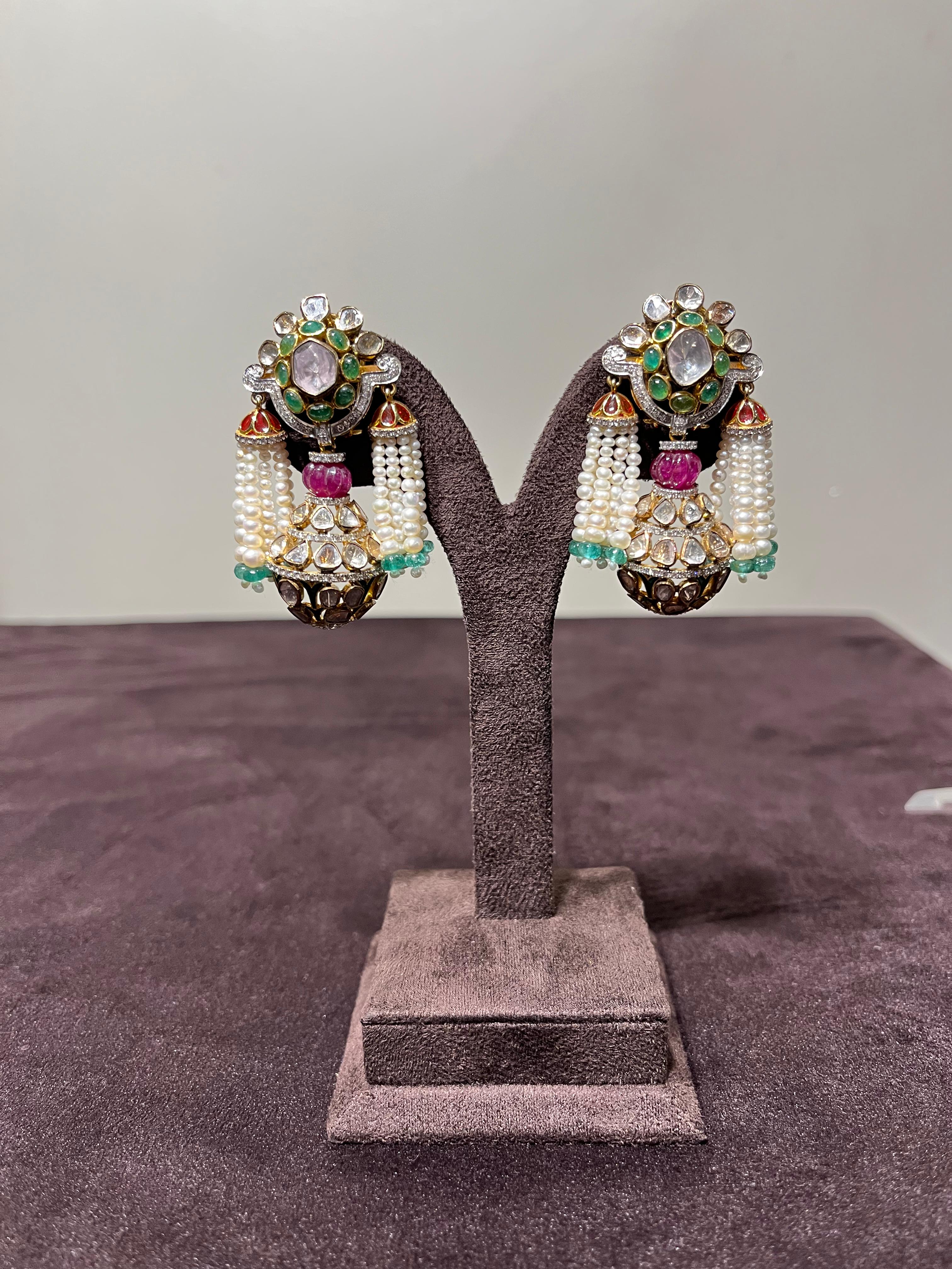 Polki Pendant with Tassels and Pearl Emerald Earrings