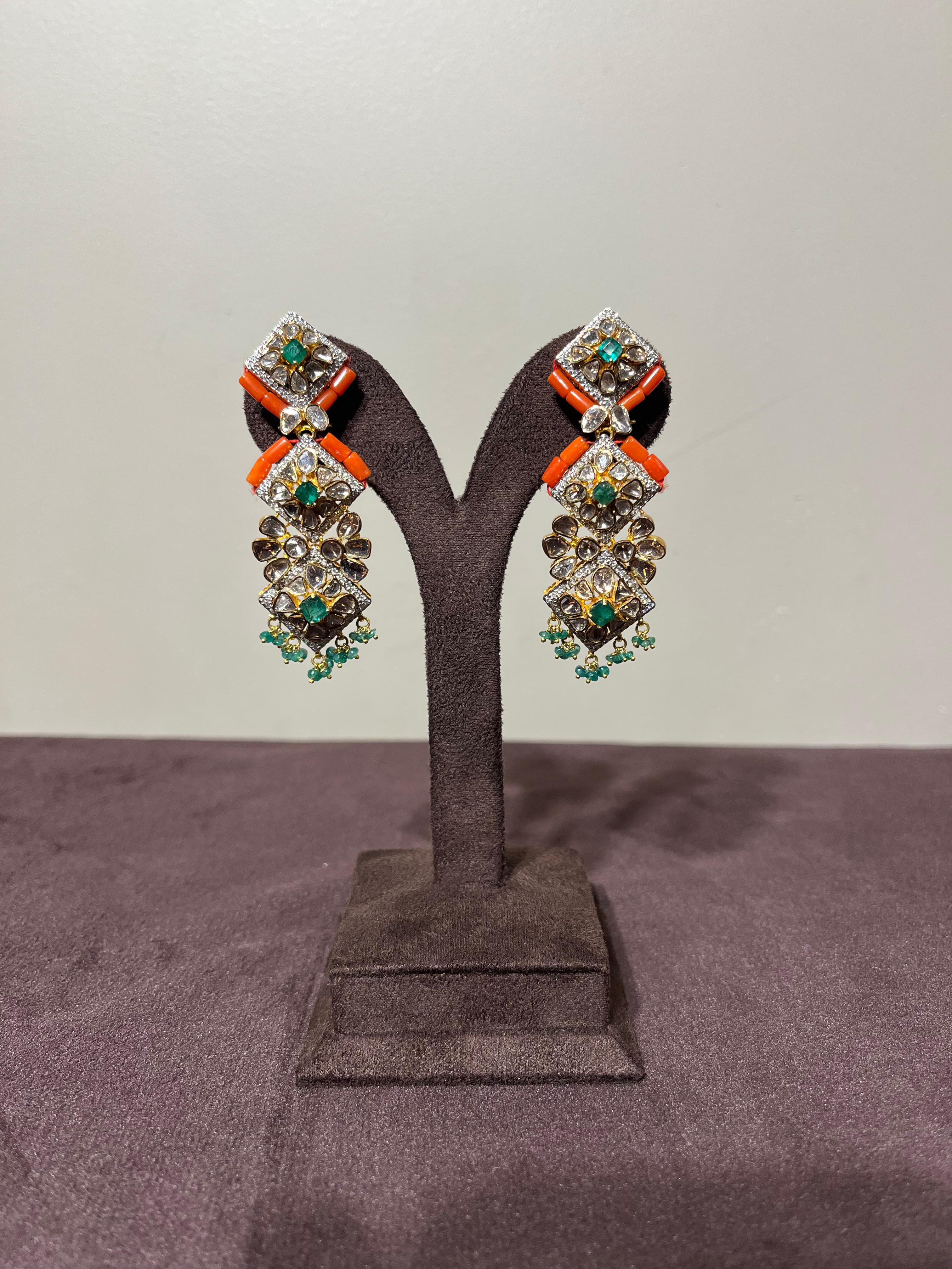 Fancy polki Earrings with Coral and Emerald Beads Fancy polki Earrings with Coral and Emerald Beads