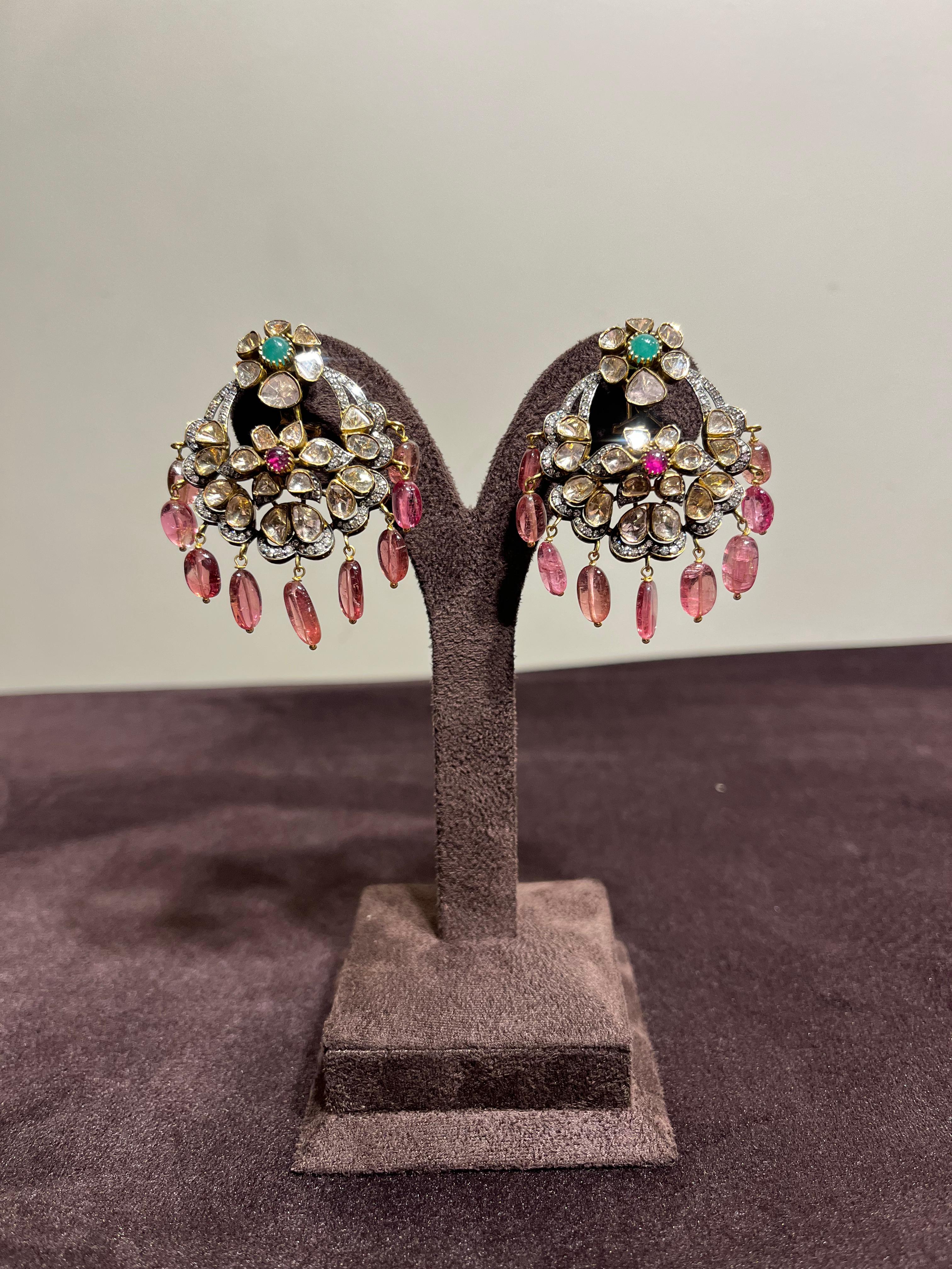 Elegant Victorian Chand Bali with Tourmaline Beads Elegant Victorian Chand Bali with Tourmaline Beads