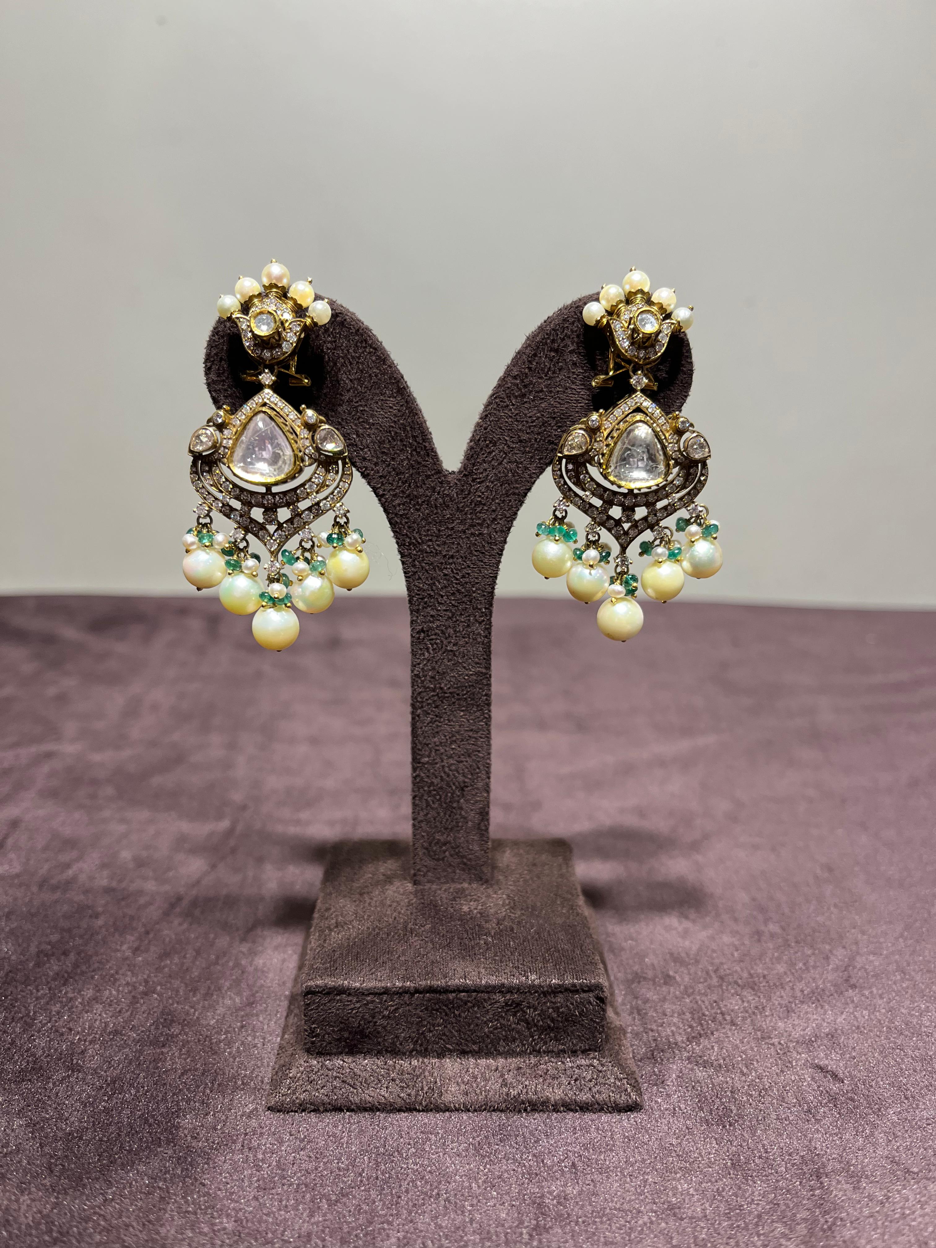 Dazzling Victorian Polki Earrings with Pearl drops Dazzling Victorian Polki Earrings with Pearl drops