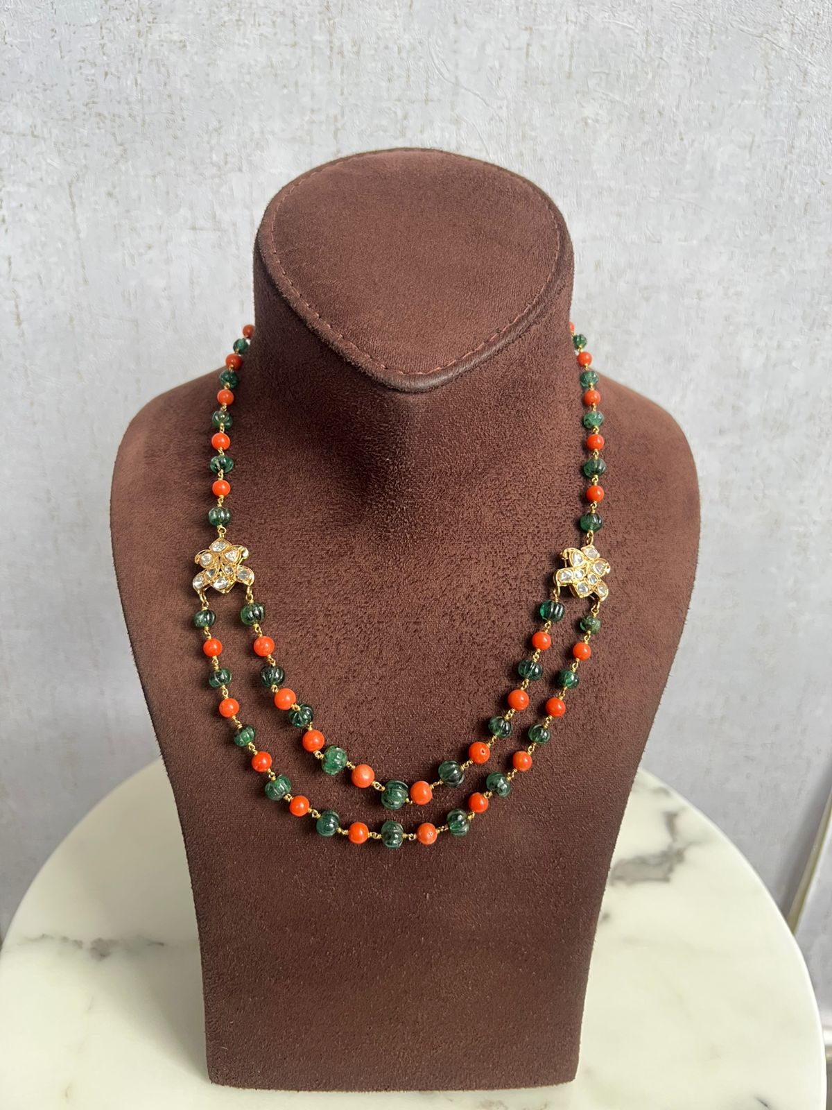 Polki Chain with Coral and Emerald Beads Polki Chain with Coral and Emerald Beads