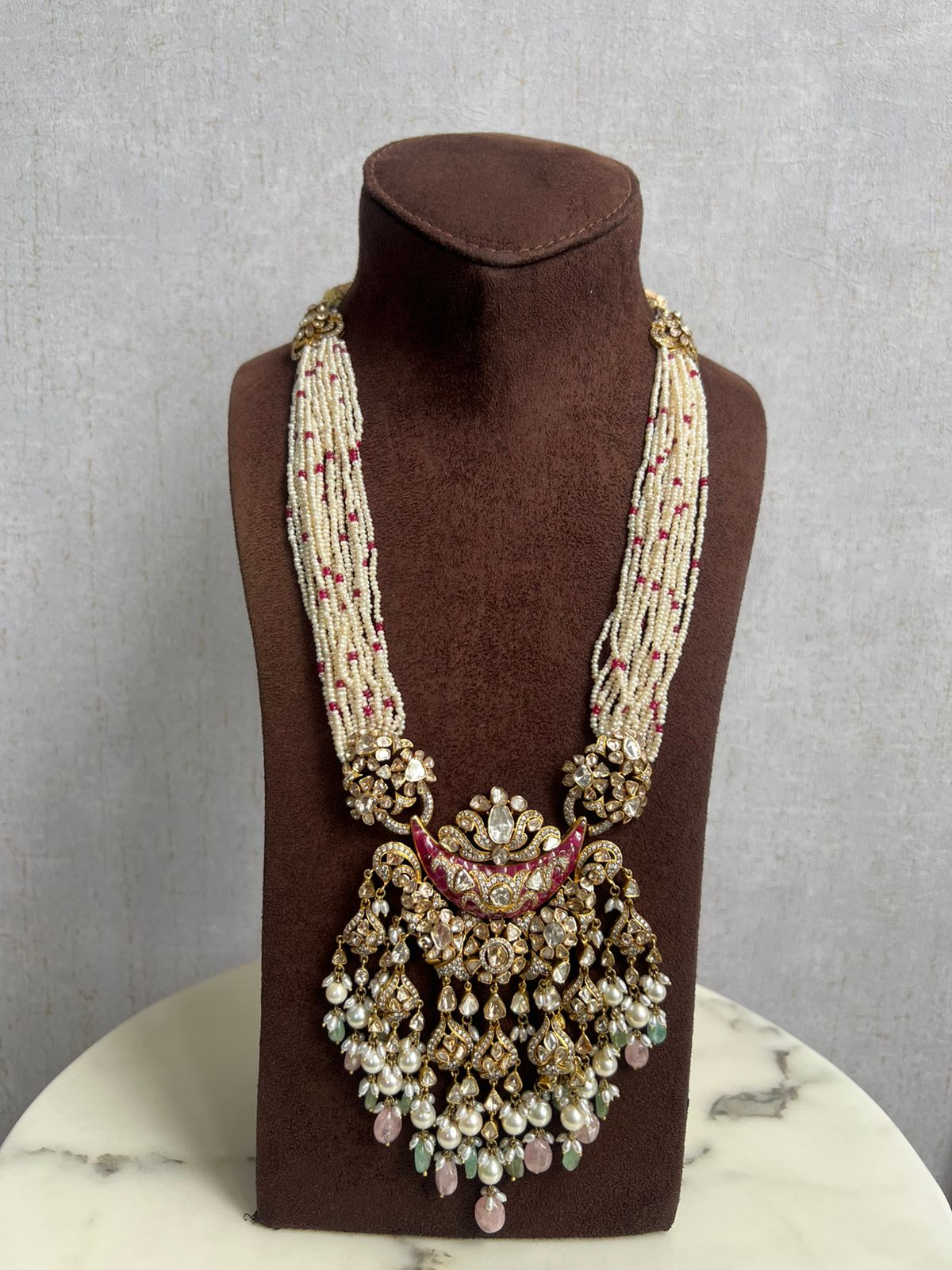 Statement chand shape polki pendant with pearls Statement chand shape polki pendant with pearls