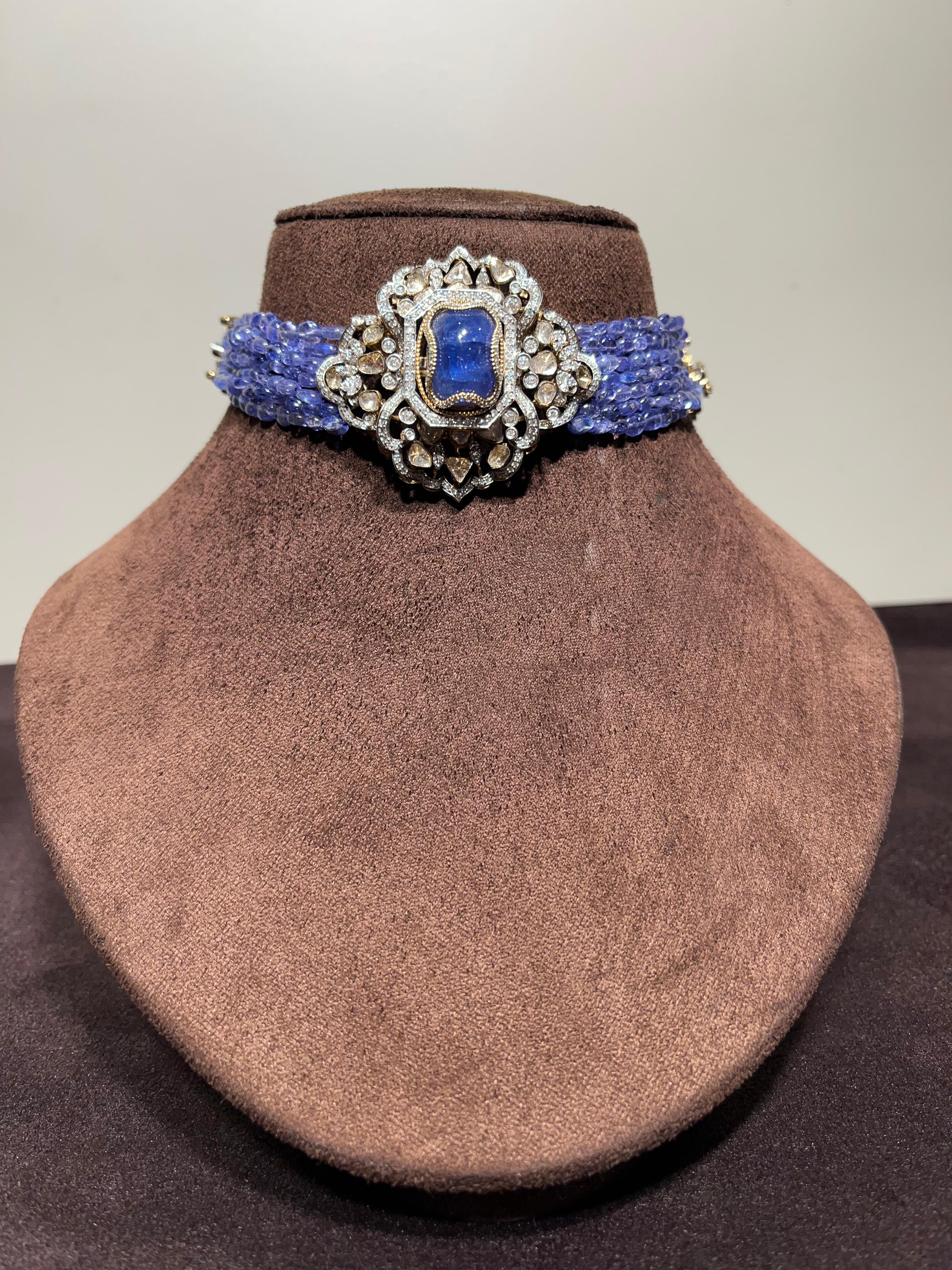 Stylish polki choker with tanzanite beads Stylish polki choker with tanzanite beads