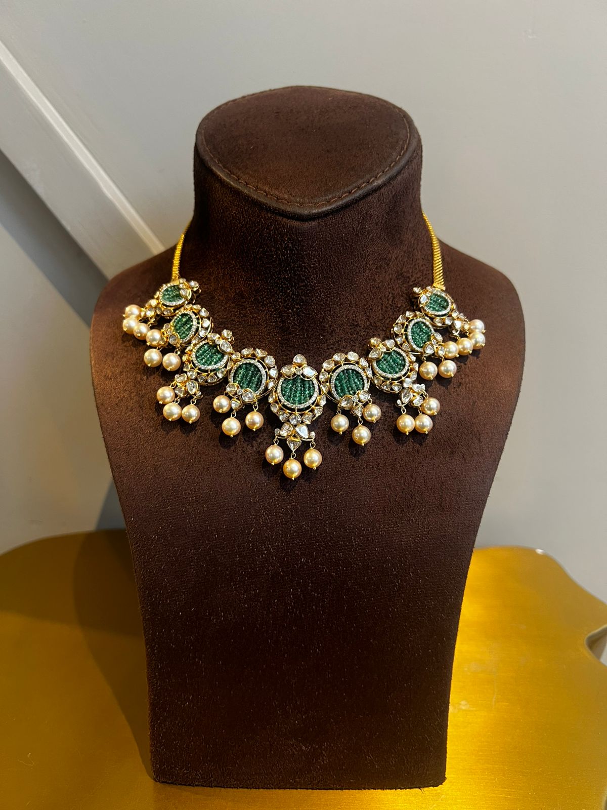 Handcrafted Polki Necklace with Emerald and South Sea Pearls Handcrafted Polki Necklace with Emerald and South Sea Pearls