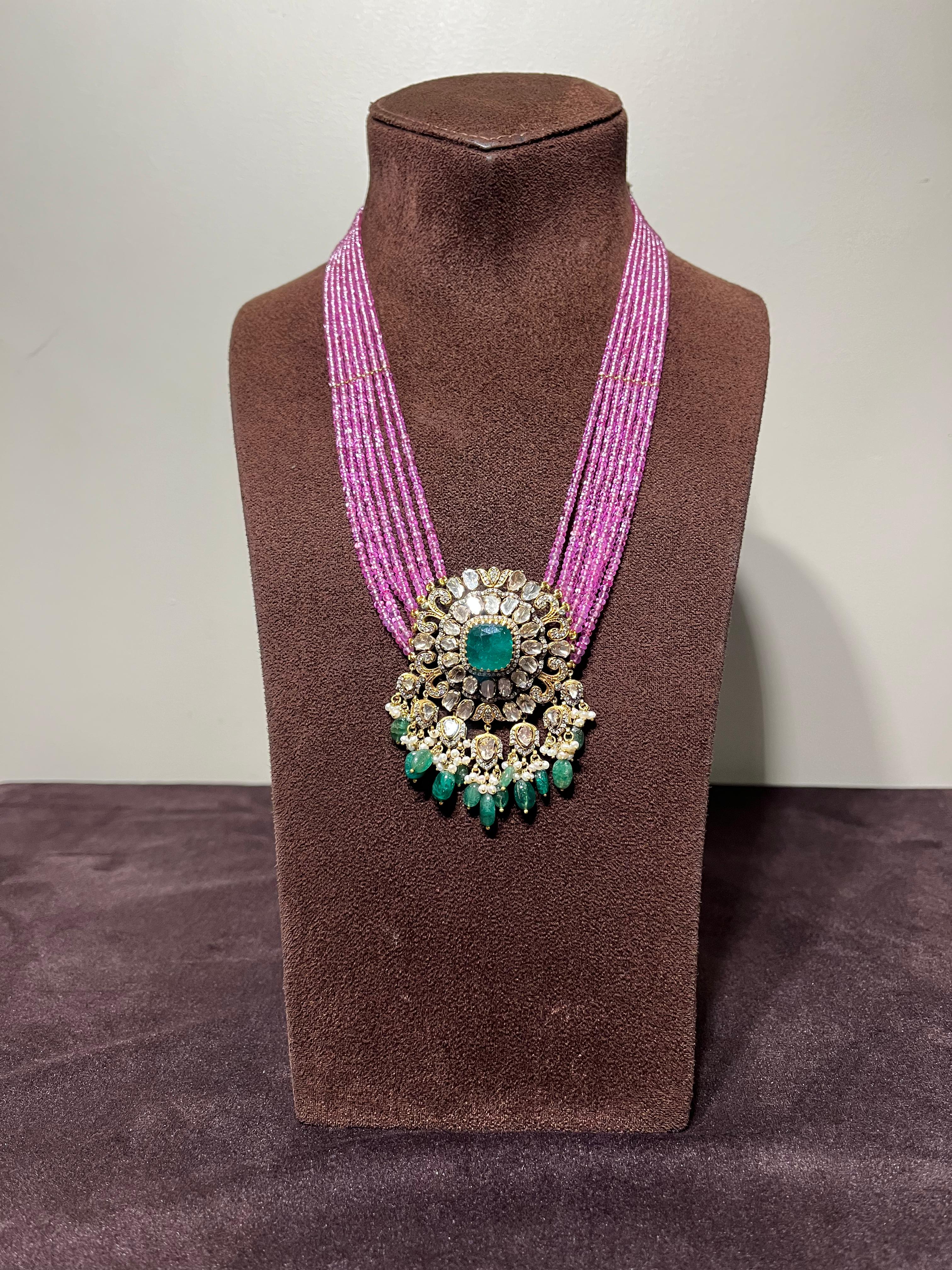 Polki Pendant with Emerald drop and Burmese Ruby Beads
