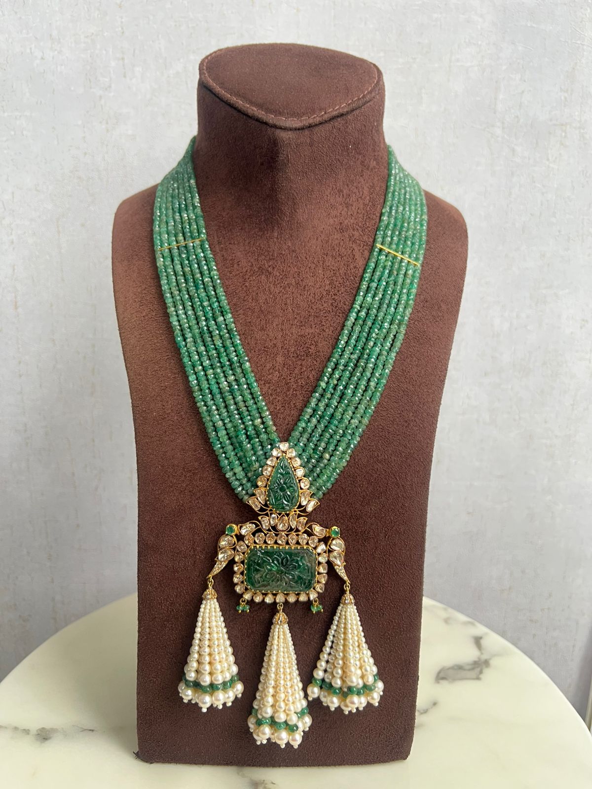 Unisex Emerald beads haram with carved Zambian emerald pendant Unisex Emerald beads haram with carved Zambian emerald pendant