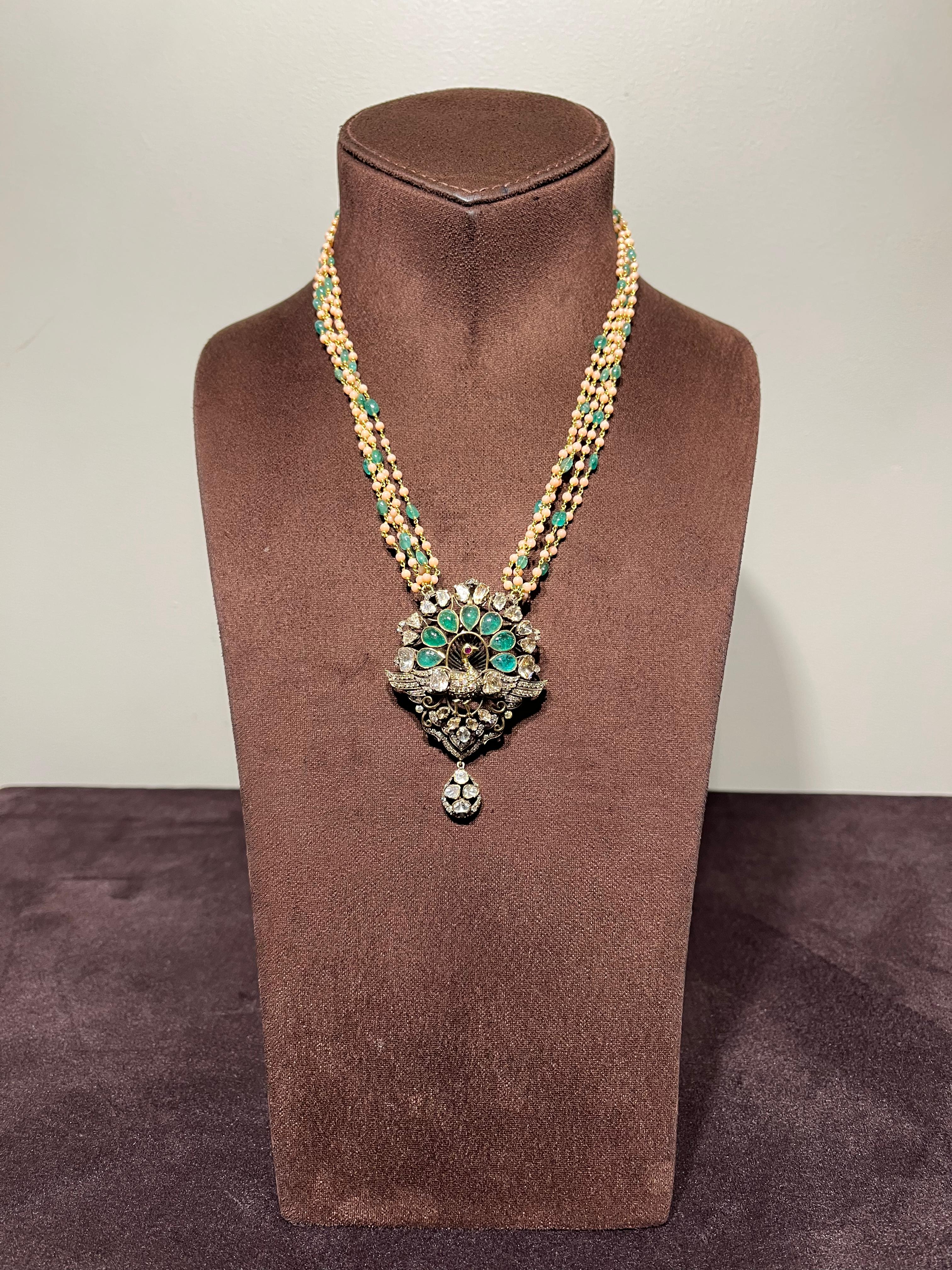 Victorian Peacock Motif Pendant with Corals and Emerald Beads