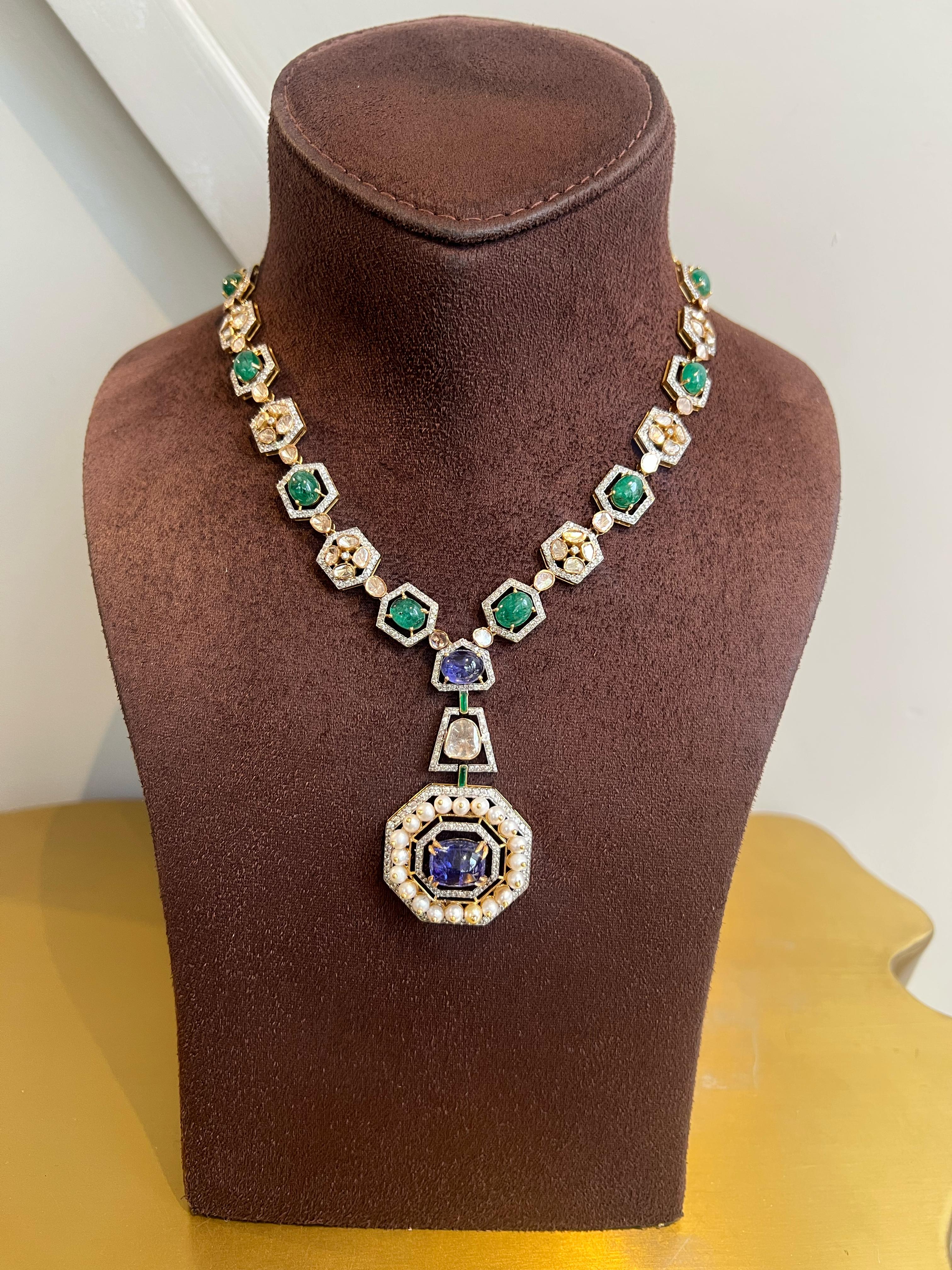 Elegant Polki Necklace with Tanzaline and Emerald