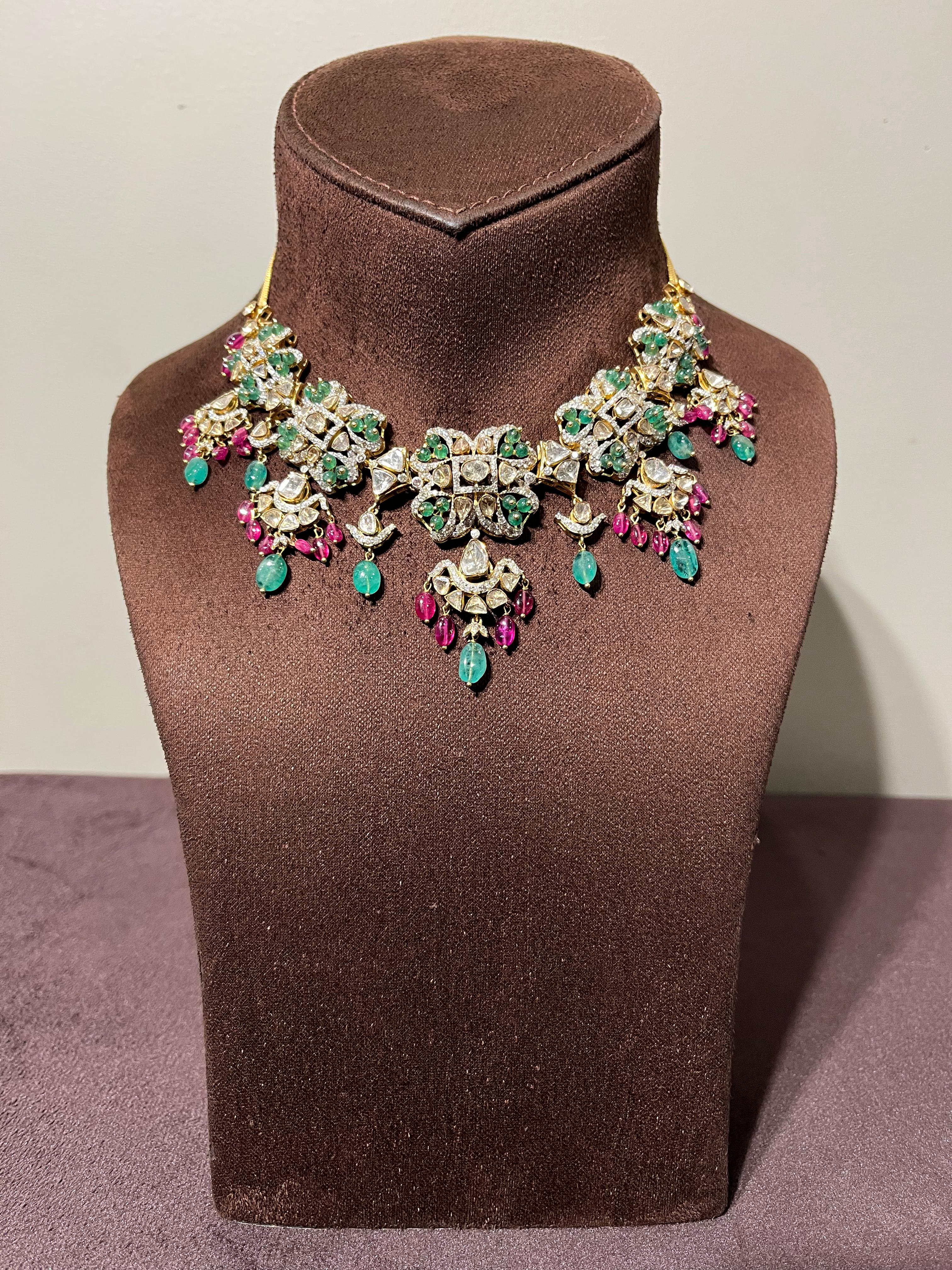Trendy Polki Necklace Studded with Emerald and Ruby Beads Trendy Polki Necklace Studded with Emerald and Ruby Beads