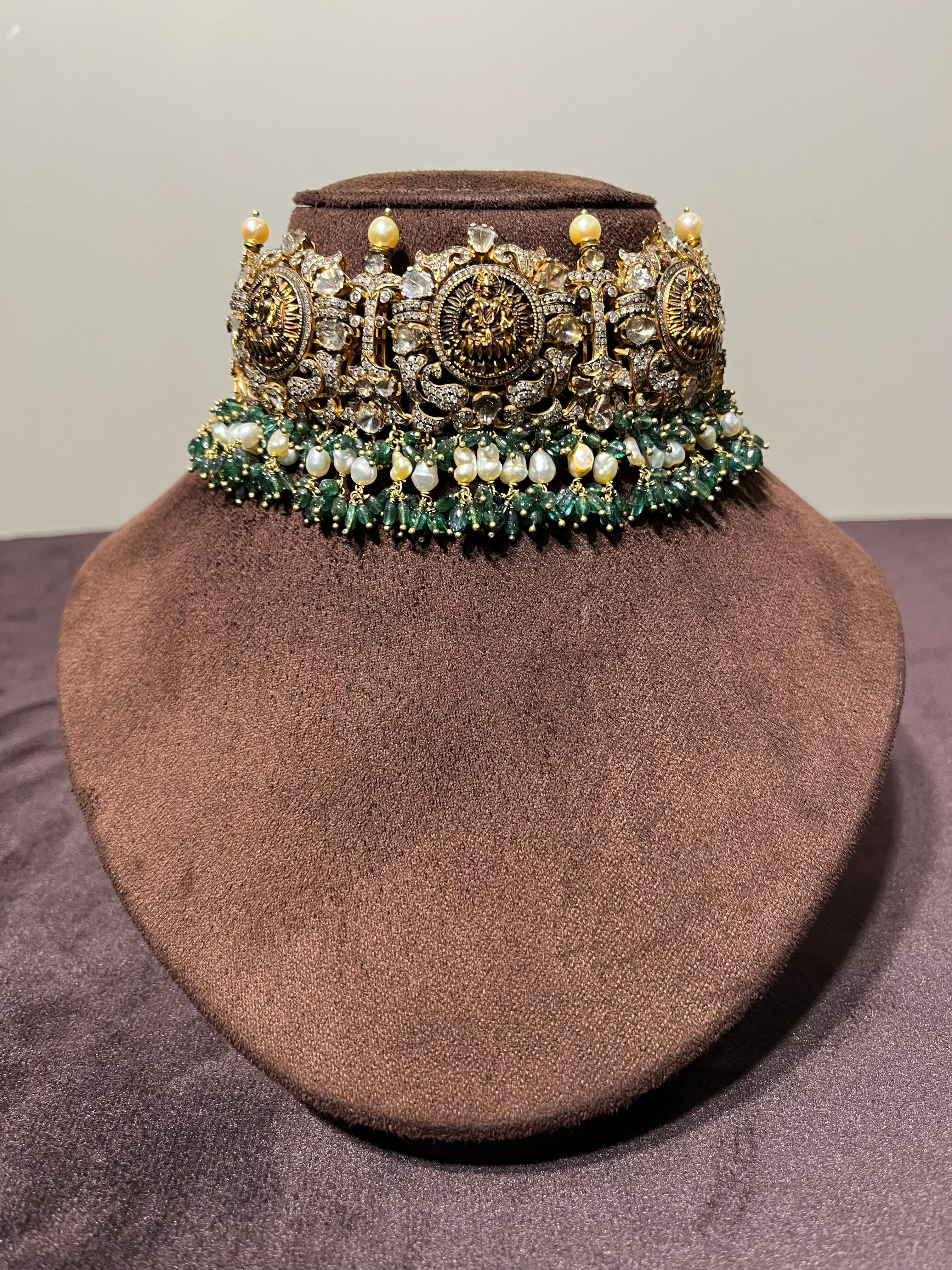 Traditional Laxmi Victorian Choker with Pearls and Emerald Beads Traditional Laxmi Victorian Choker with Pearls and Emerald Beads