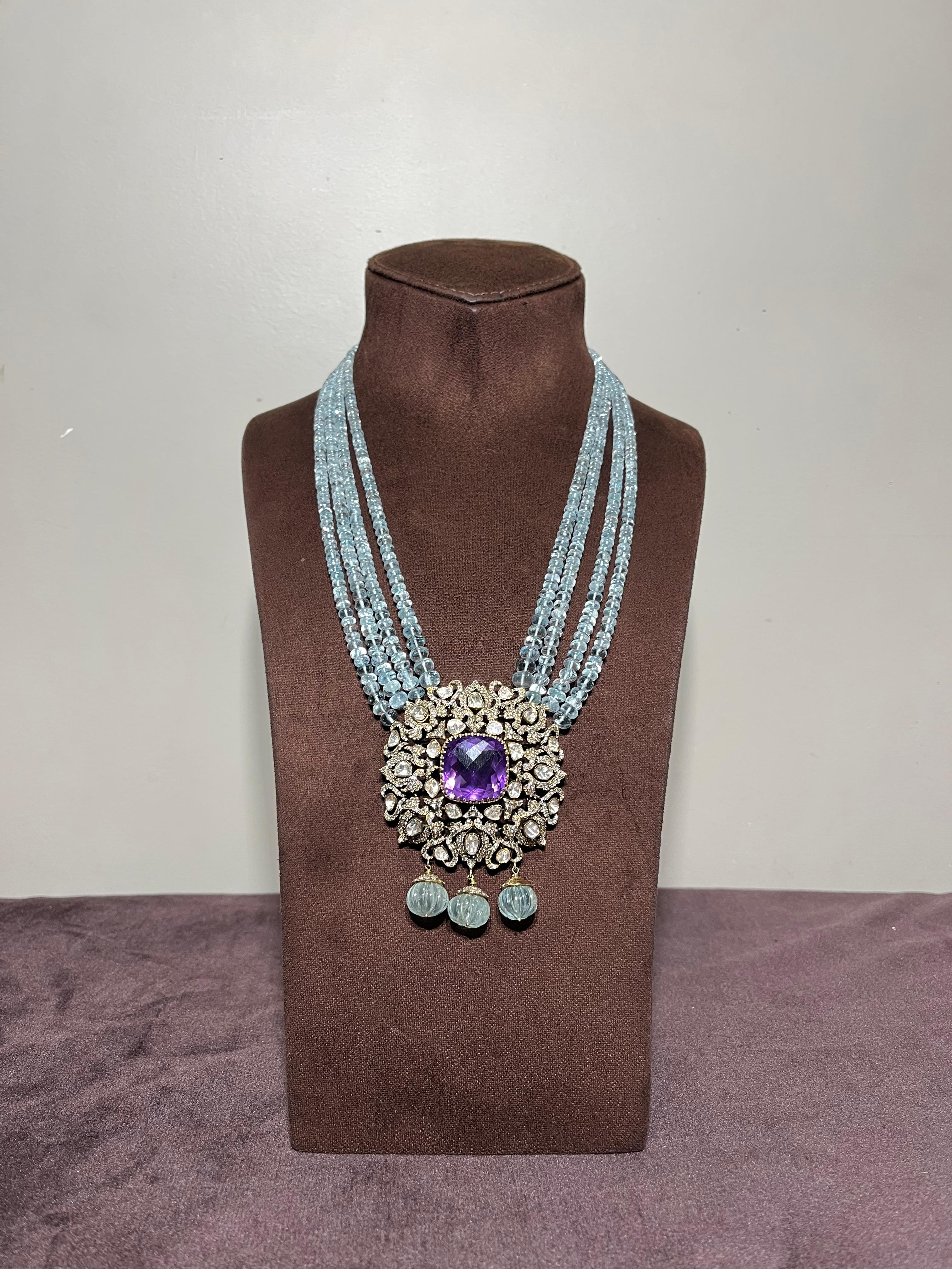 Trendy Victorian Pendant with Amethyst and Aquamarine Beads