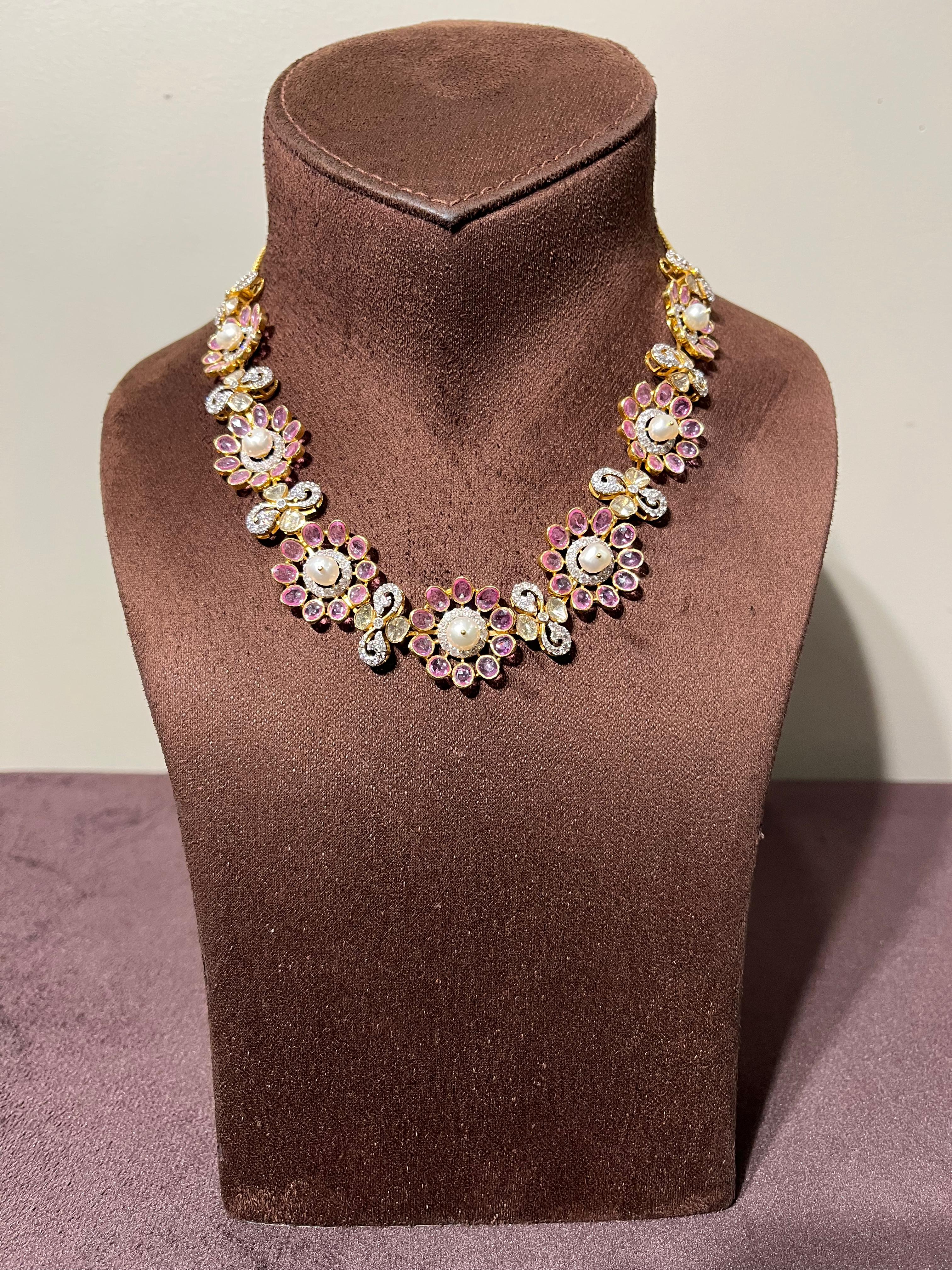 Floral Pink Sapphire Polki Necklace Floral Pink Sapphire Polki Necklace